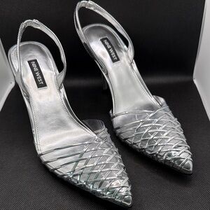 Nine West Metallic Silver Woven Pointed Slingback Heels